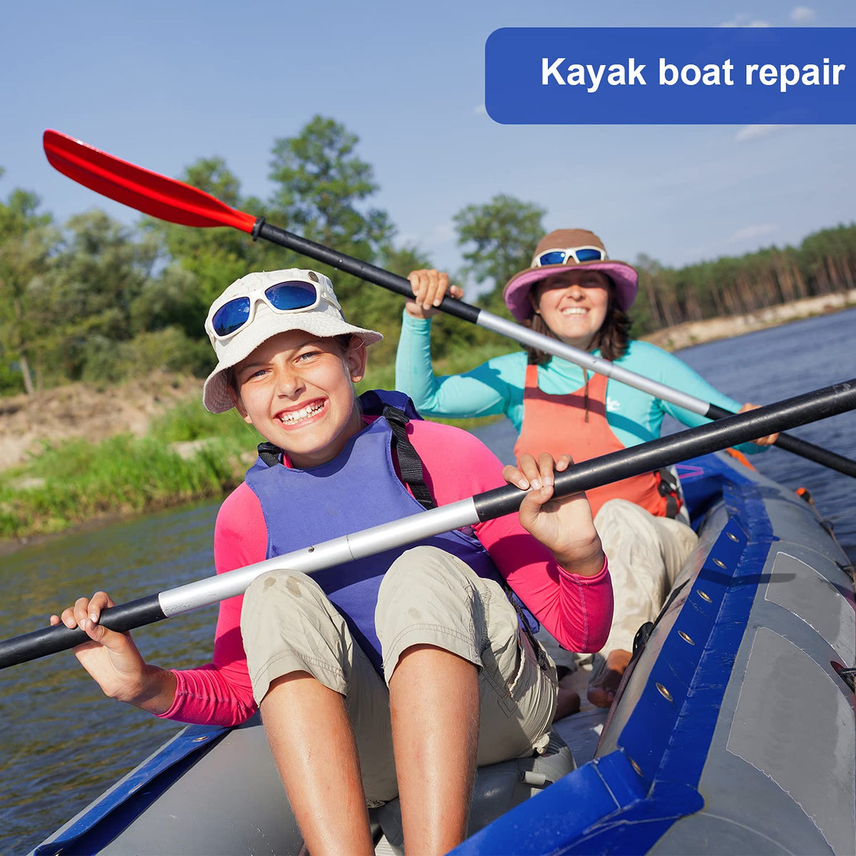 Syhood patch attached to a pool float for durable sealing.