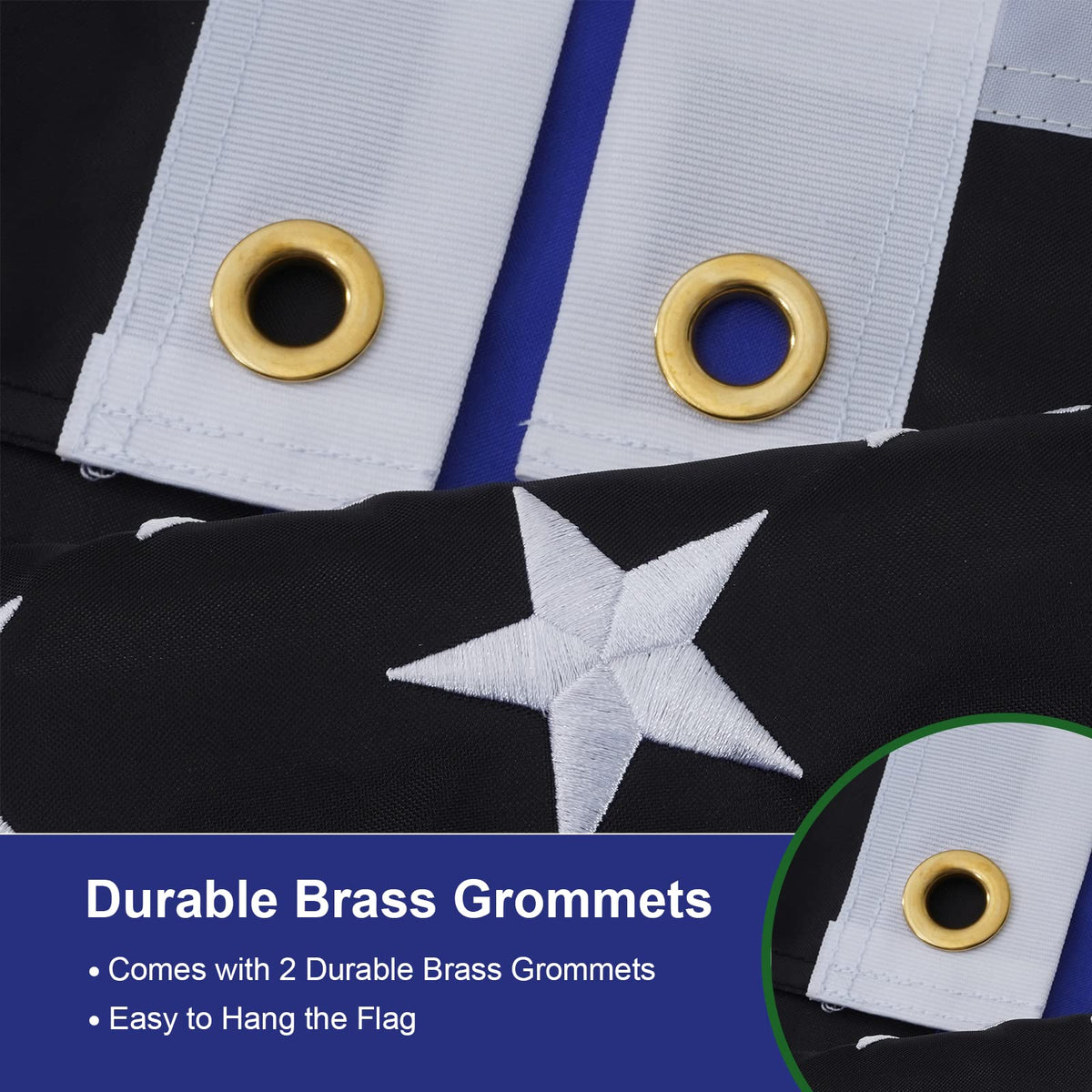 SYII blue line flag with brass grommets for secure mounting.