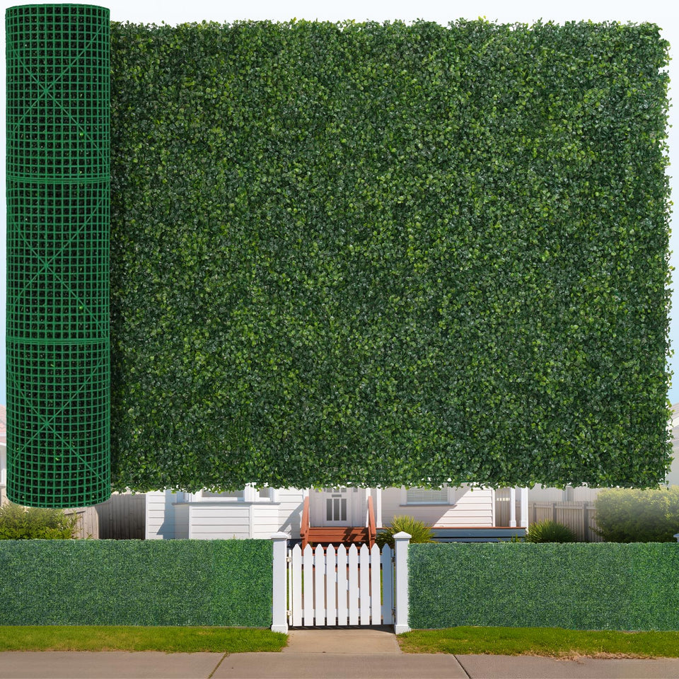 SylvanVerse artificial boxwood roll creates lush privacy on an ivy wall panel