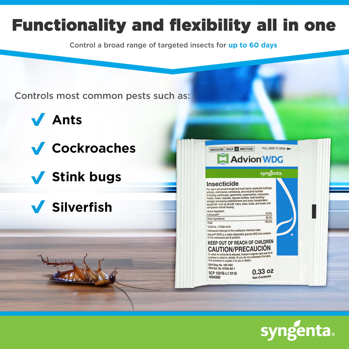 Syngenta Advion WDG 20% indoxacarb label highlighting versatile use.