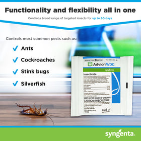 Syngenta Advion WDG 20% indoxacarb label highlighting versatile use.