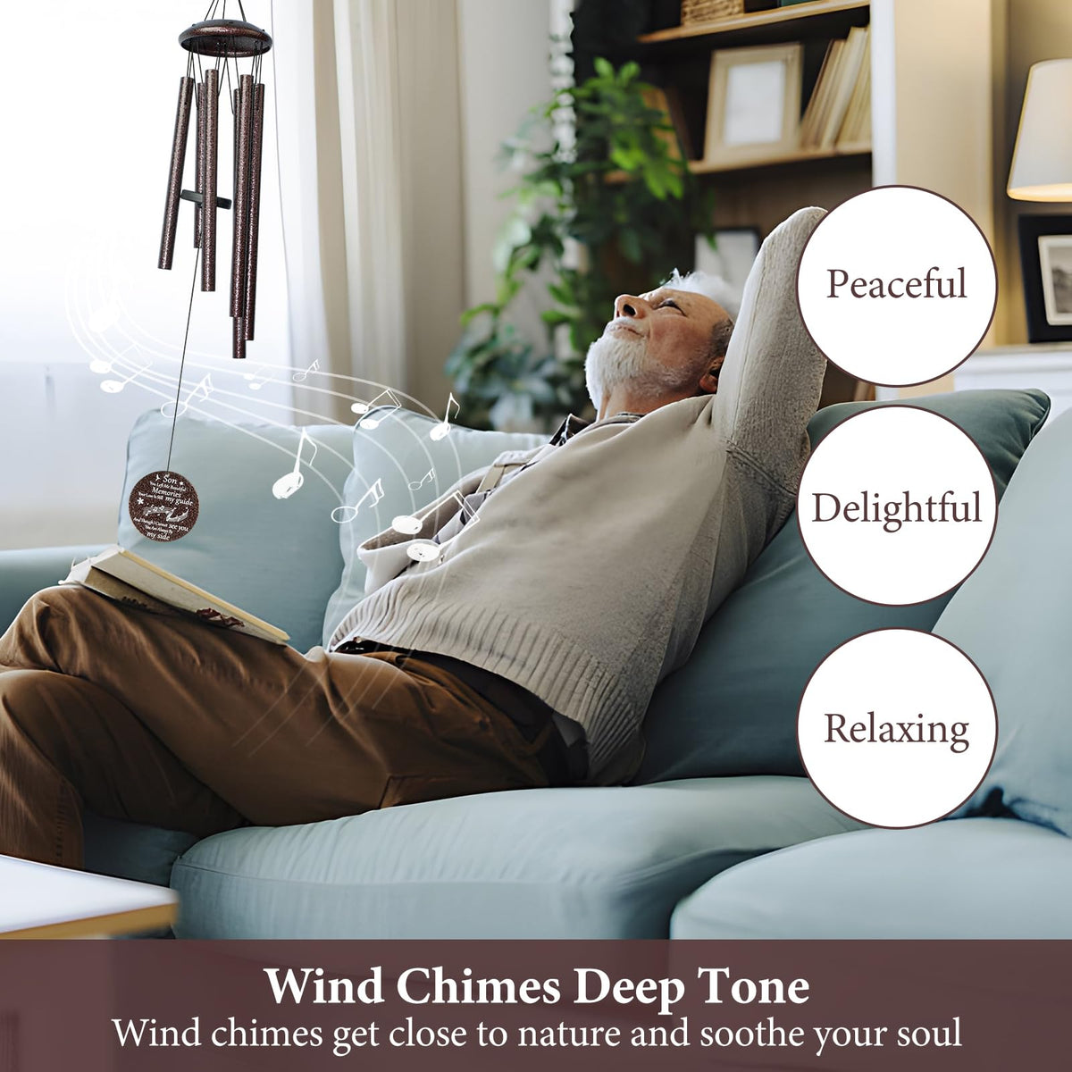 Synhonty memorial wind chimes dusk-garden scene; serene ambience for reflection.
