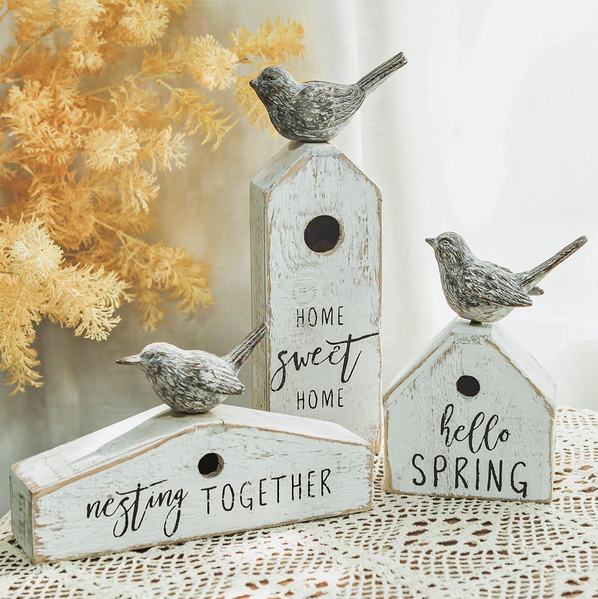 Synovana birdhouse home sweet home display adds a warm welcome to shelves.