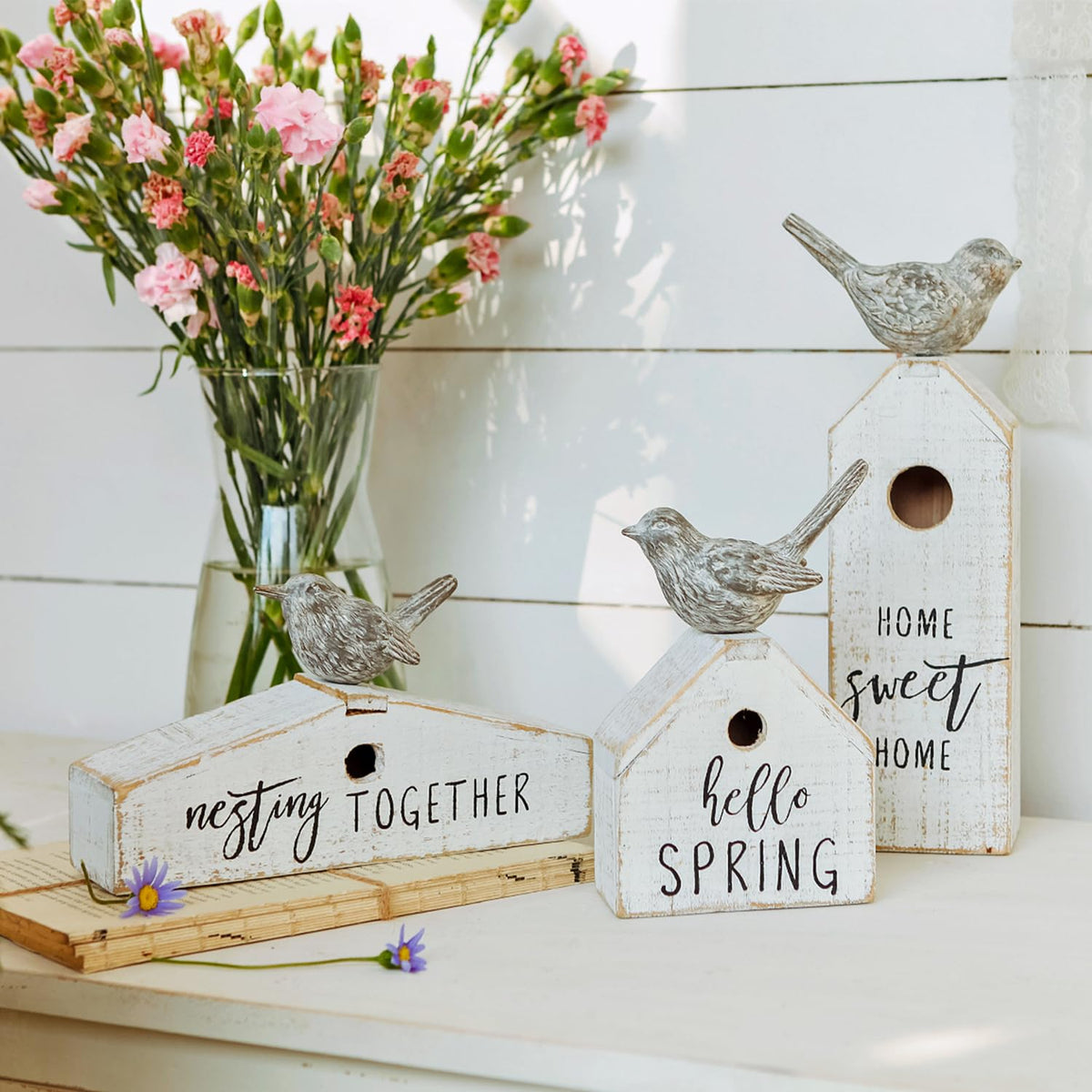 Synovana birdhouse nesting together decor highlights family nesting vibe on mantels.