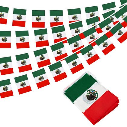SYOTLYA Mexican Flag Pennant Banner 33 ft with 30 fluttering flags for outdoors.
