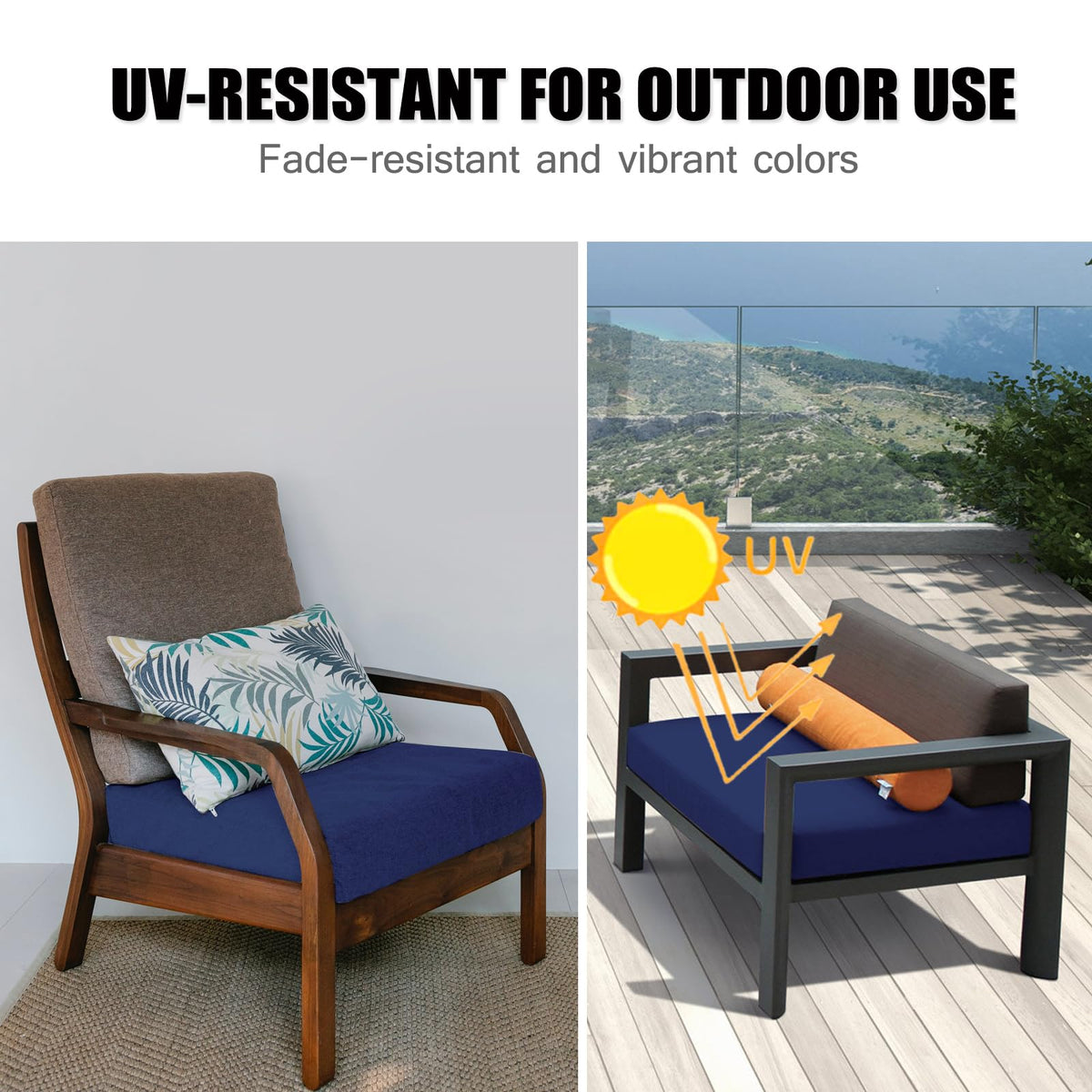 Szblnsm Bavy Blue cushion cover with adjustable straps secures cushions outdoors.