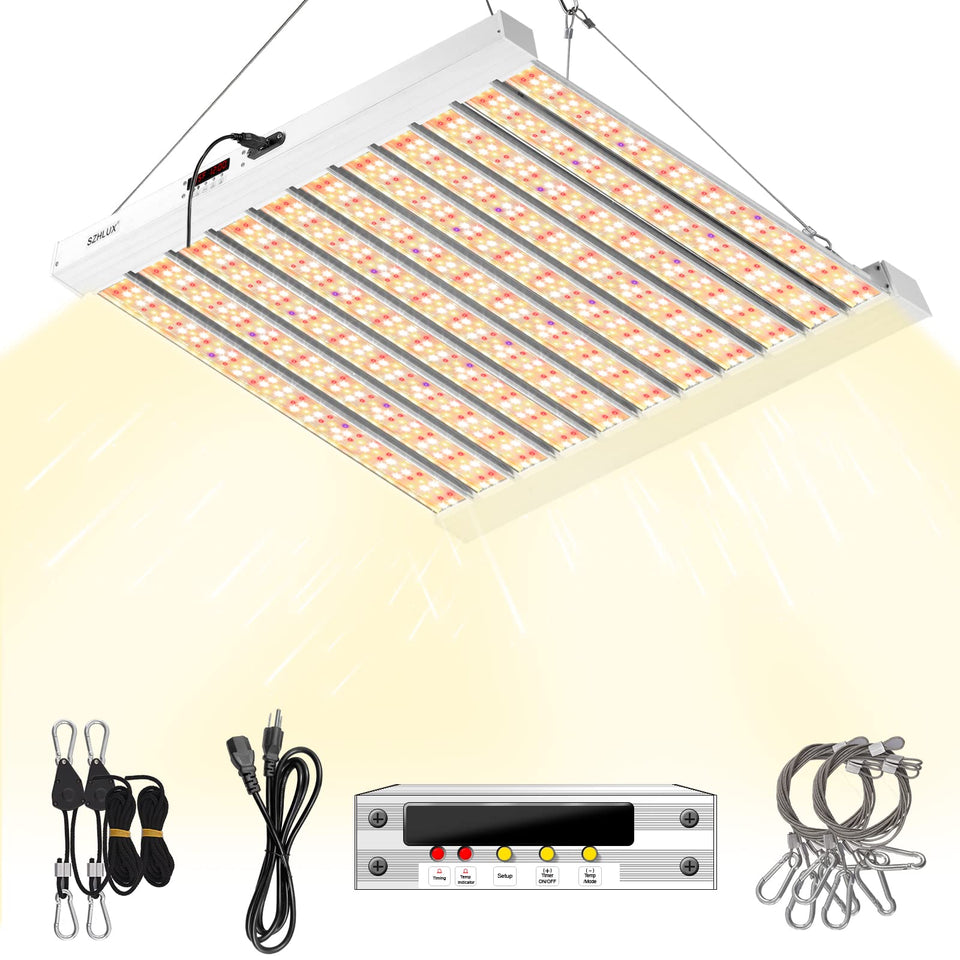 SZHLUX 500W LED Grow Light setup shows easy install and durable build for home grows.