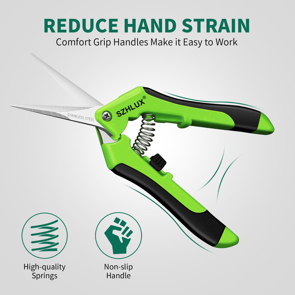 SZHLUX garden scissors featuring spring-assisted action for easier pruning.