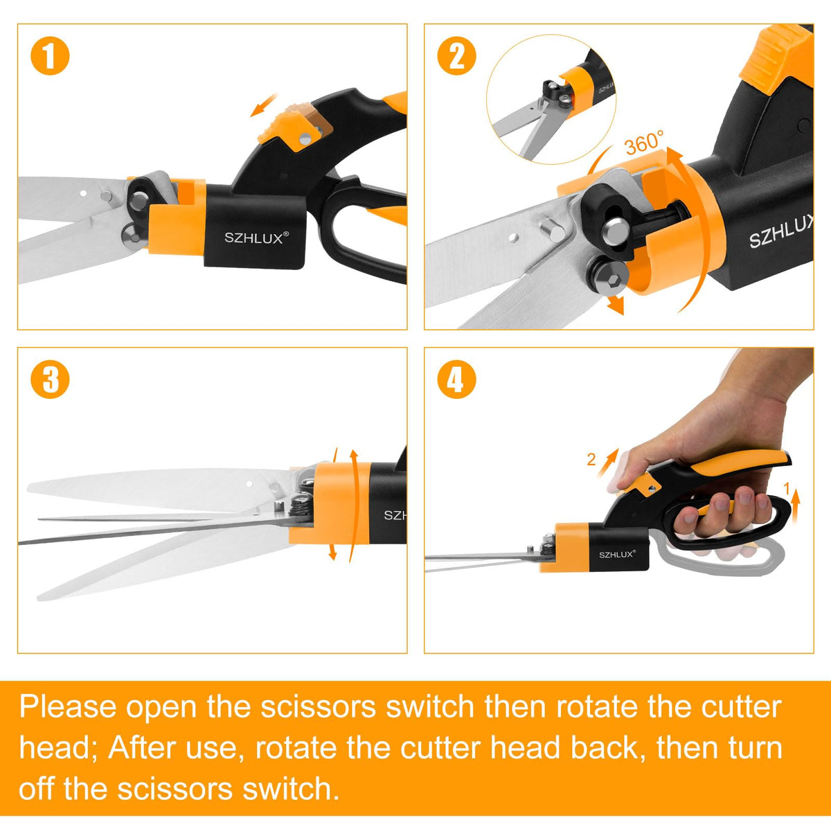 SZHLUX Grass Shears feature 360-degree rotation for cutting at any angle.