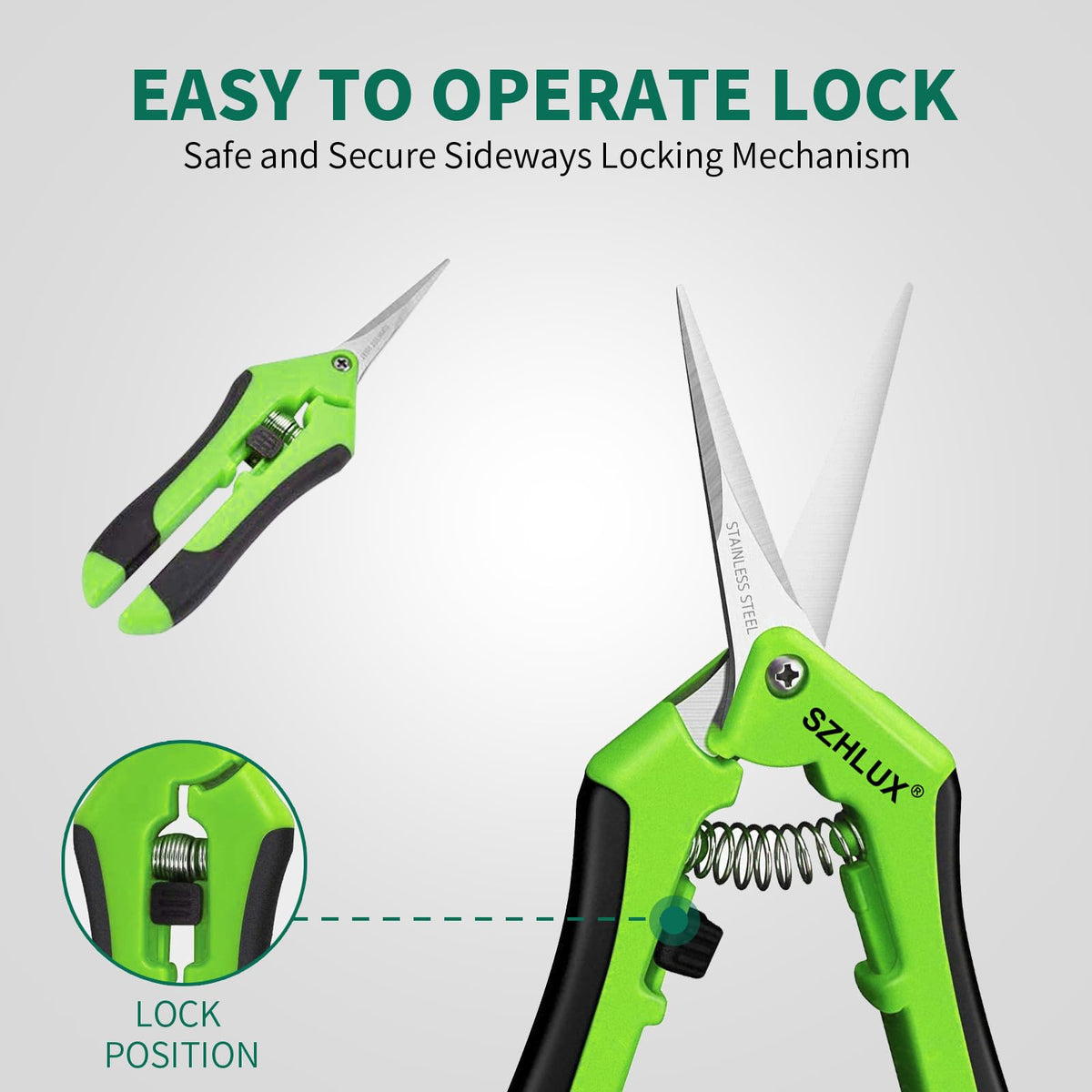 SZHLUX pruning shears with ergonomic grip to reduce hand fatigue during long trimming.