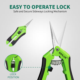 SZHLUX pruning shears with ergonomic grip to reduce hand fatigue during long trimming.