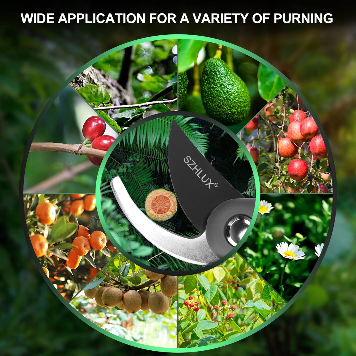 SZHLUX pruning shears safety lock engaged for secure one-handed use