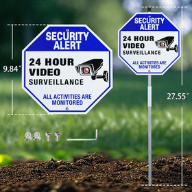 SZhuiyun surveillance sign with stake ready for quick tool-free installation.