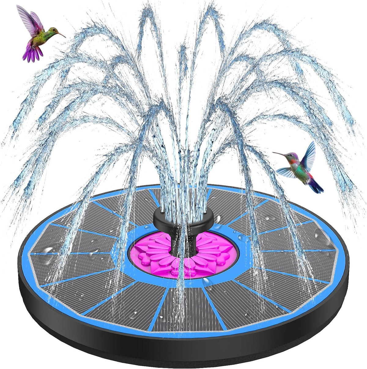 SZMP powerful solar fountain blue spray attracts hummingbirds in sunlight