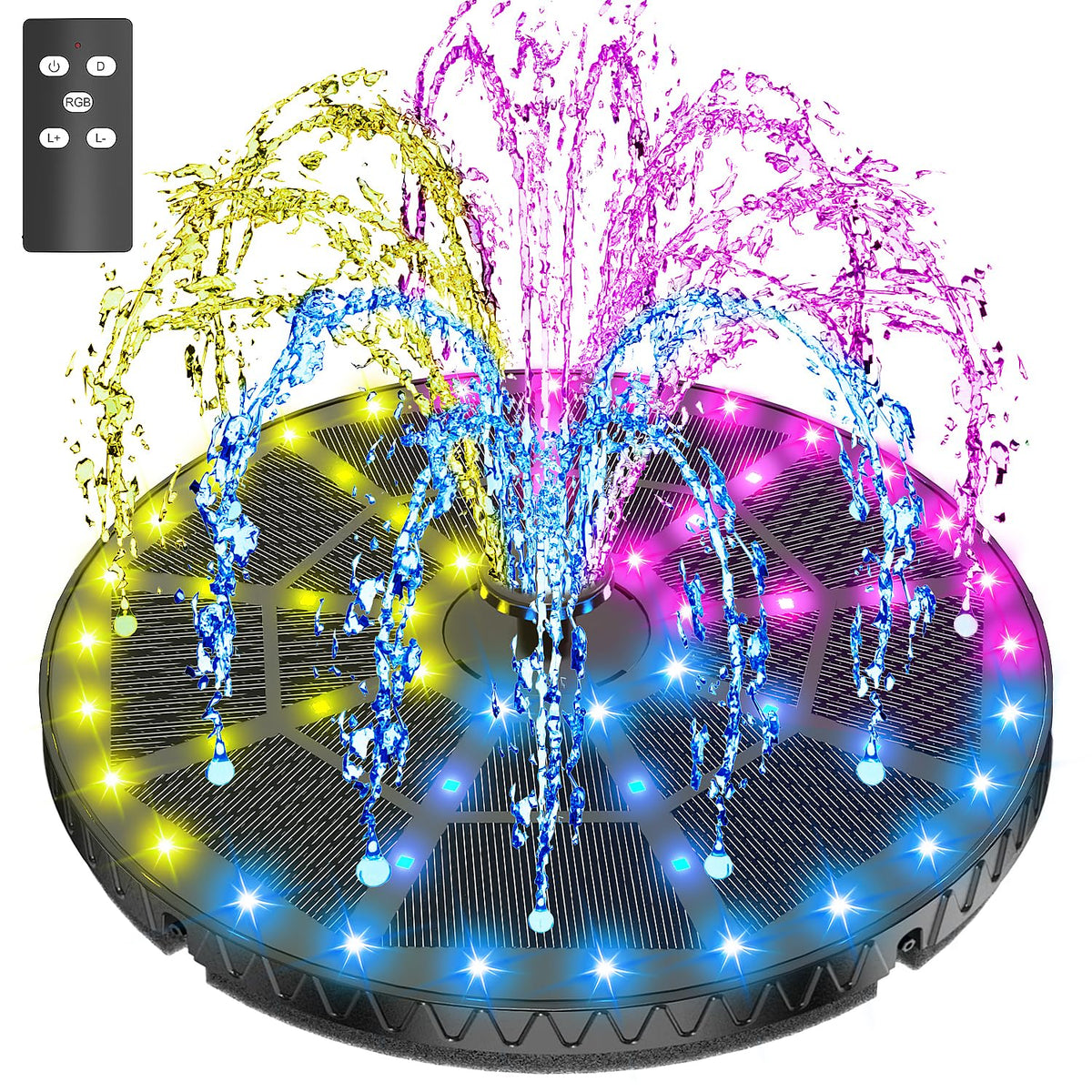 SZMP remote control solar fountain over a bird bath at dusk for birds