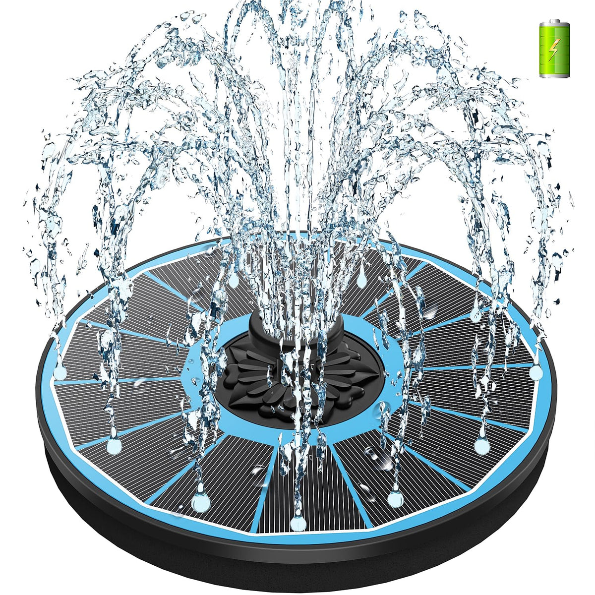 SZMP solar fountain with glass panel powering a vibrant bird bath scene.