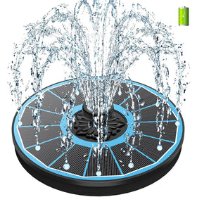 SZMP solar fountain with glass panel powering a vibrant bird bath scene.