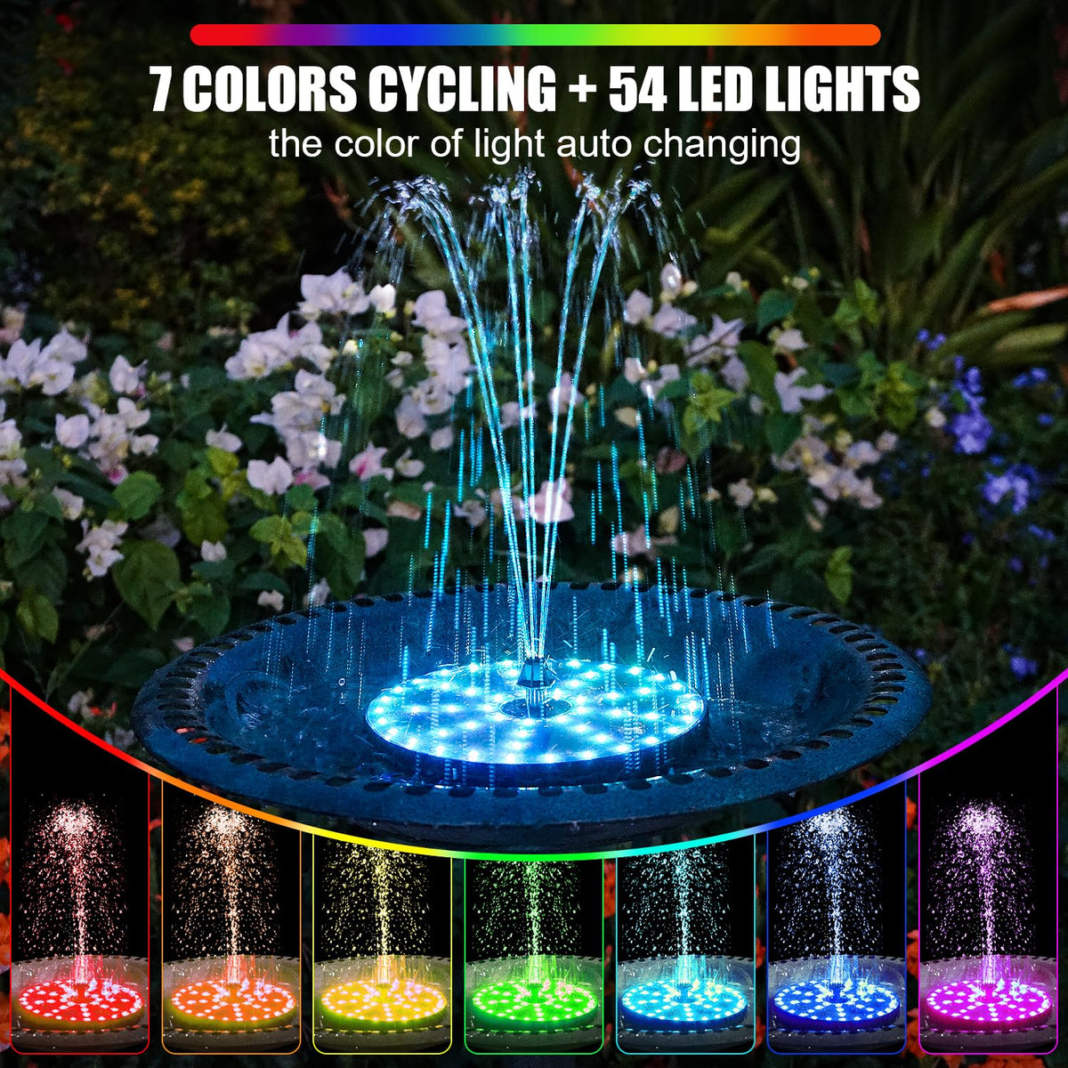 SZMP solar fountain with 54 LEDs creating vibrant night ambience