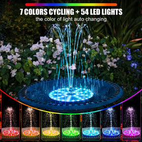 SZMP solar fountain with 54 LEDs creating vibrant night ambience