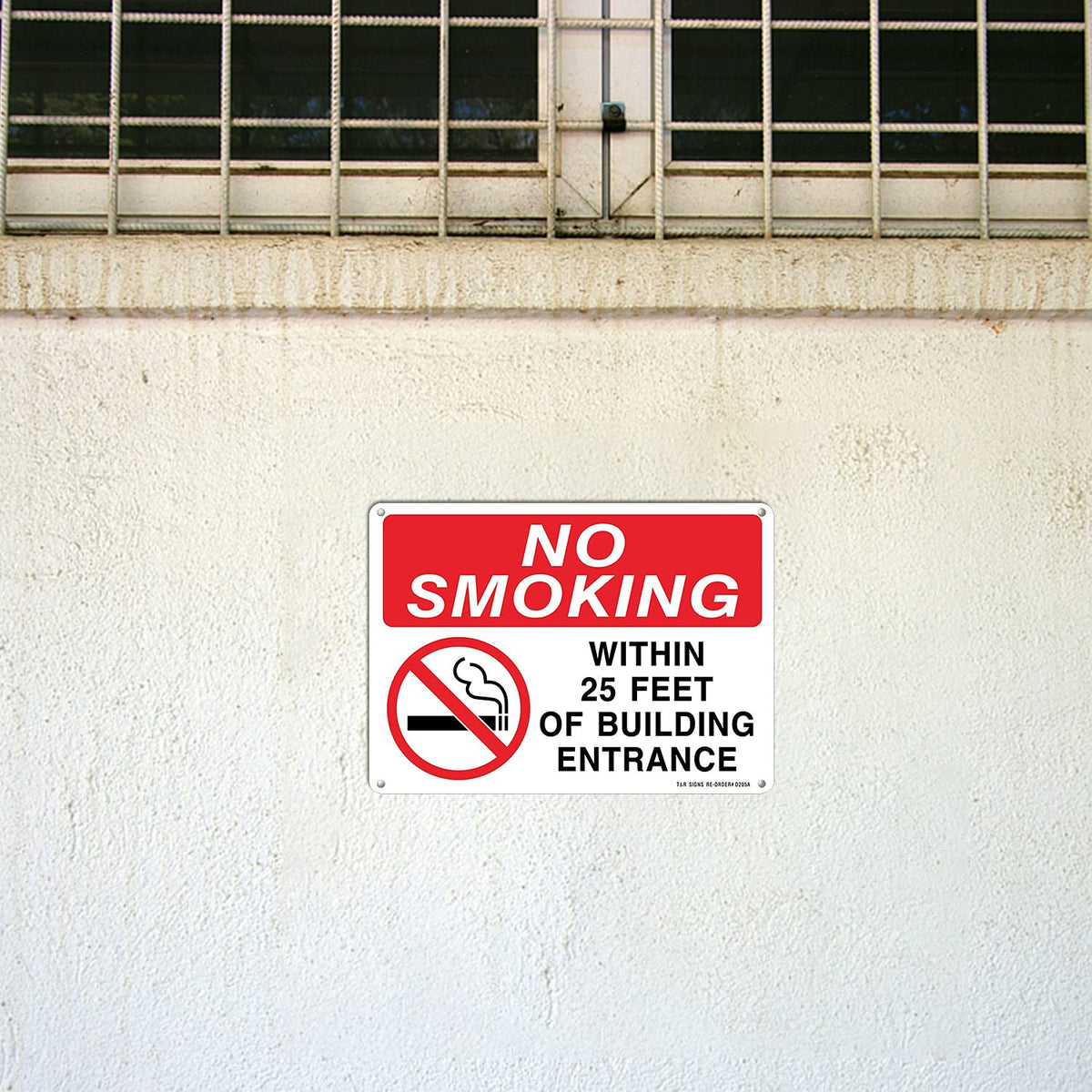 T&R No Smoking sign installed outdoors with durable visibility