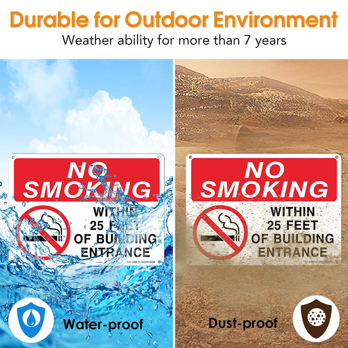 T&R No Smoking sign featuring UV protection and waterproof design