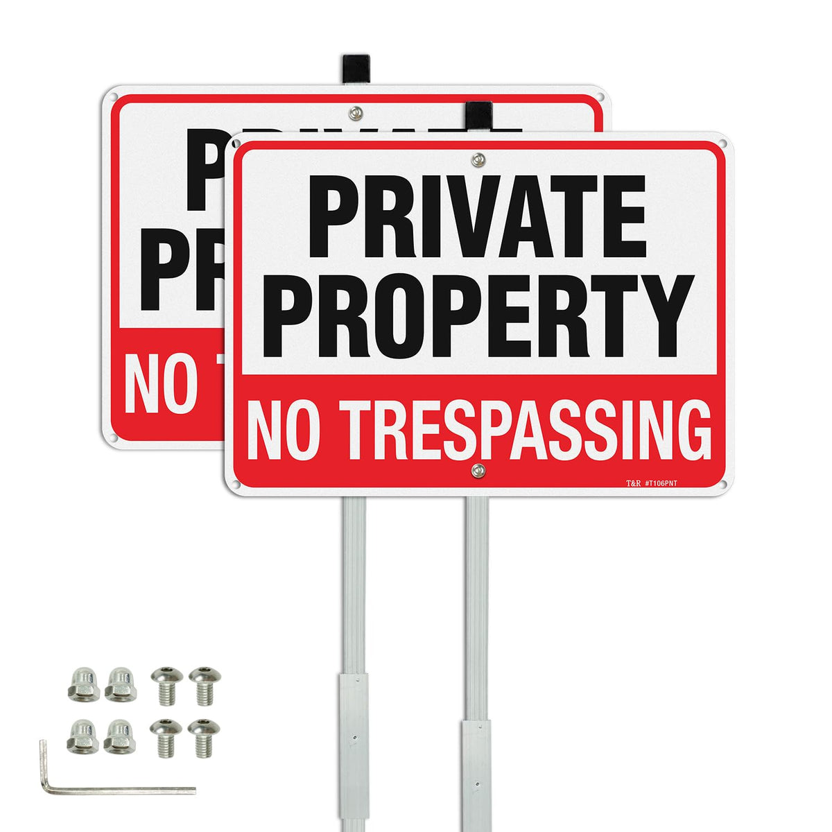 T&R No Trespassing sign with 36-inch stake for outdoor protection; durable and weatherproof.