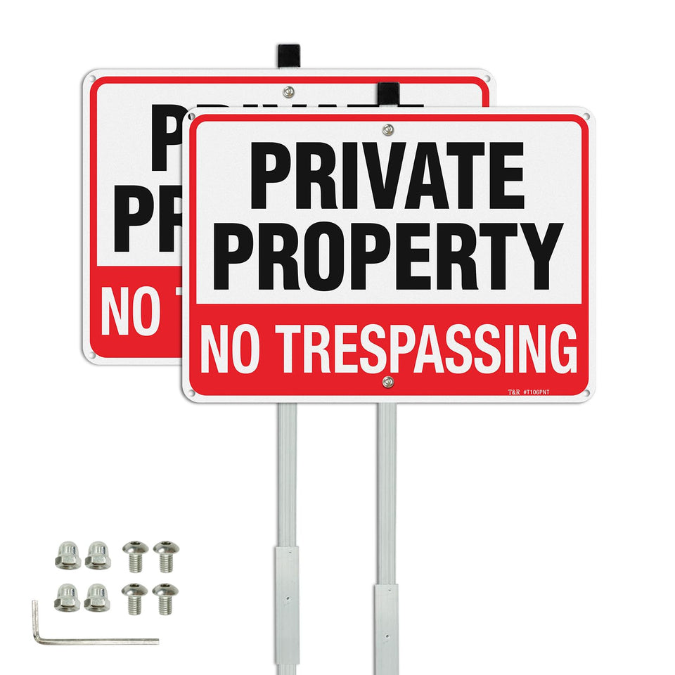 T&R No Trespassing sign with 36-inch stake for outdoor protection; durable and weatherproof.
