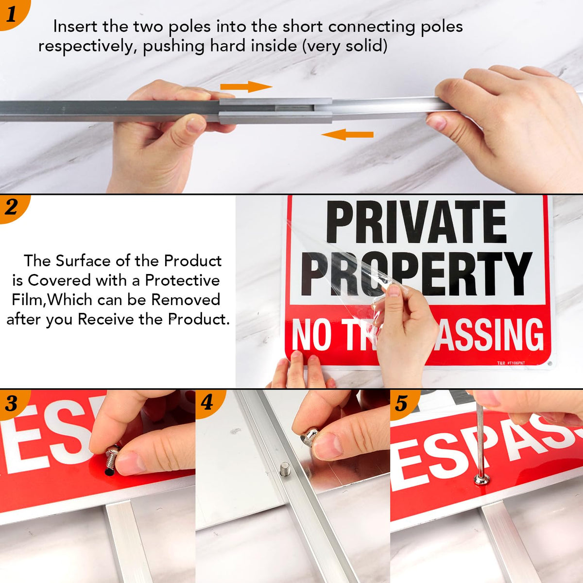 T&R No Trespassing sign with 6 pre-drilled holes for versatile mounting.