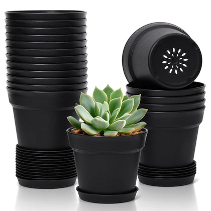 T4U 18-pack 4-inch plant pots with saucers for tidy indoor gardening.