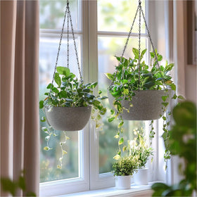 T4U 2-pack hanging planters grey durable plastic designed for indoor or outdoor use.