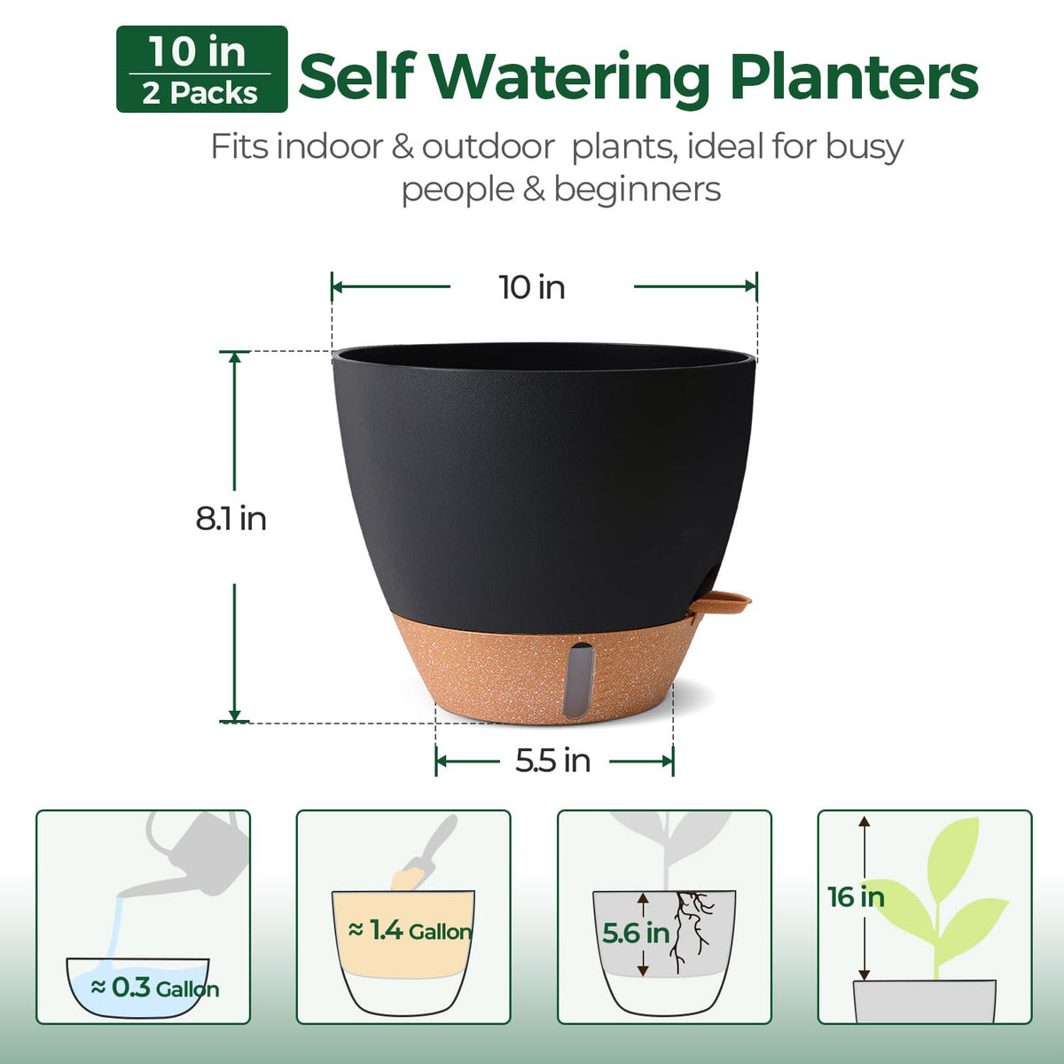 T4U 2-pack 10-inch self-watering pot side-fill port for mess-free watering