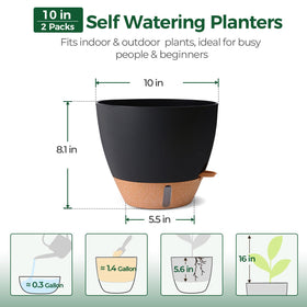 T4U 2-pack 10-inch self-watering pot side-fill port for mess-free watering