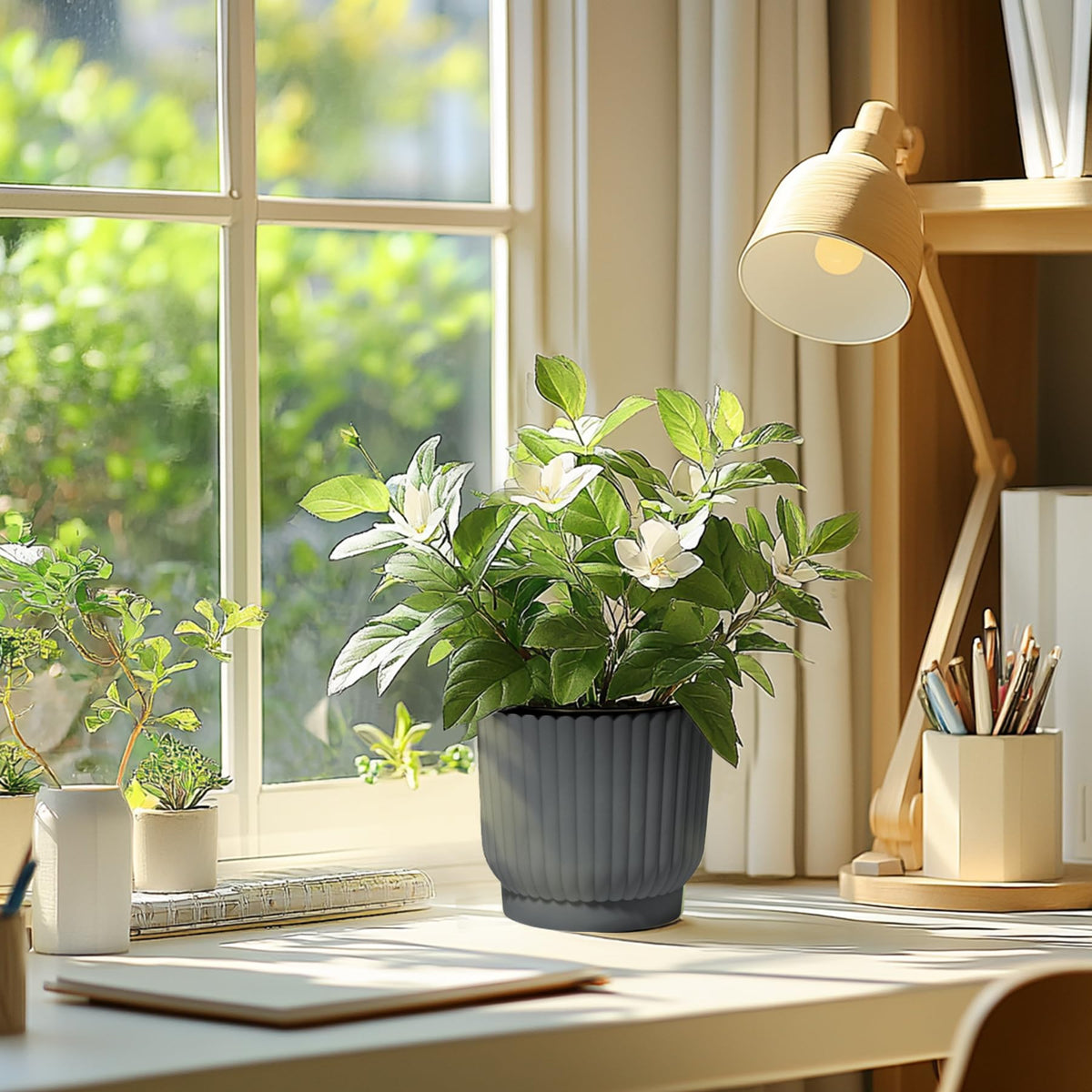 T4U 6-inch self-watering pot on a desk, perfect for office plants.