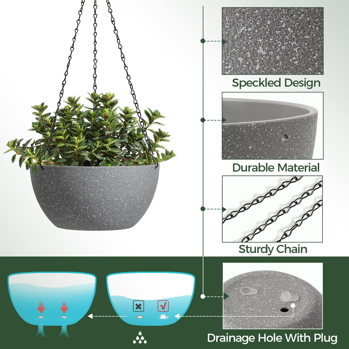 T4U speckled grey hanging planter side view ready to elevate balcony greens.