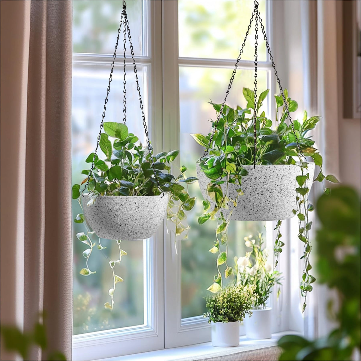 T4U white hanging planter with drainage holes, helps prevent waterlogging.