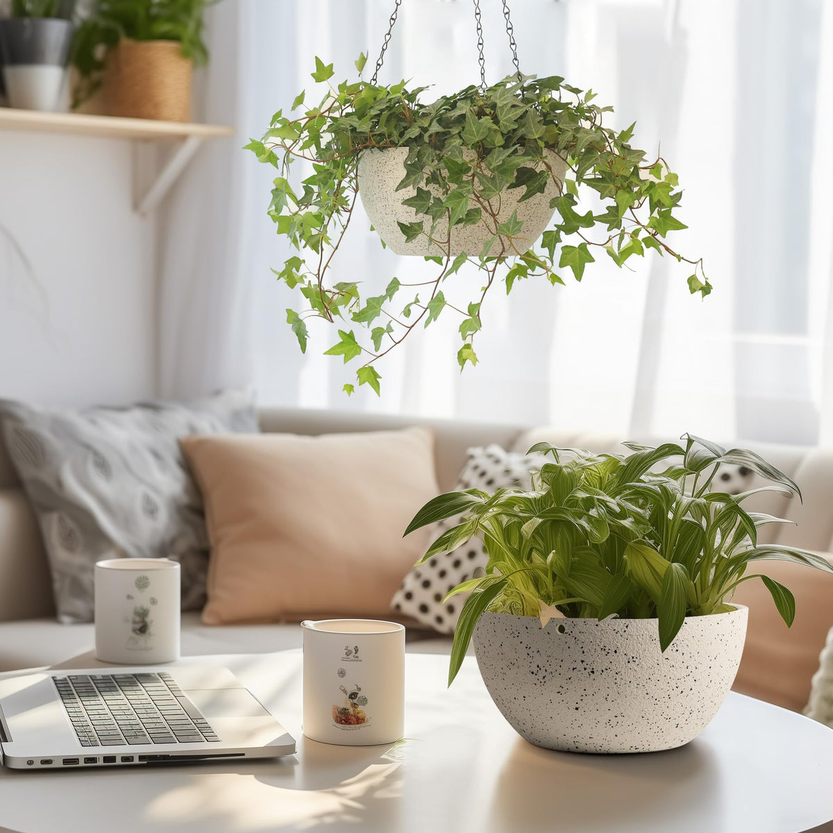 T4U white hanging planter on porch, ideal for small-space gardening.