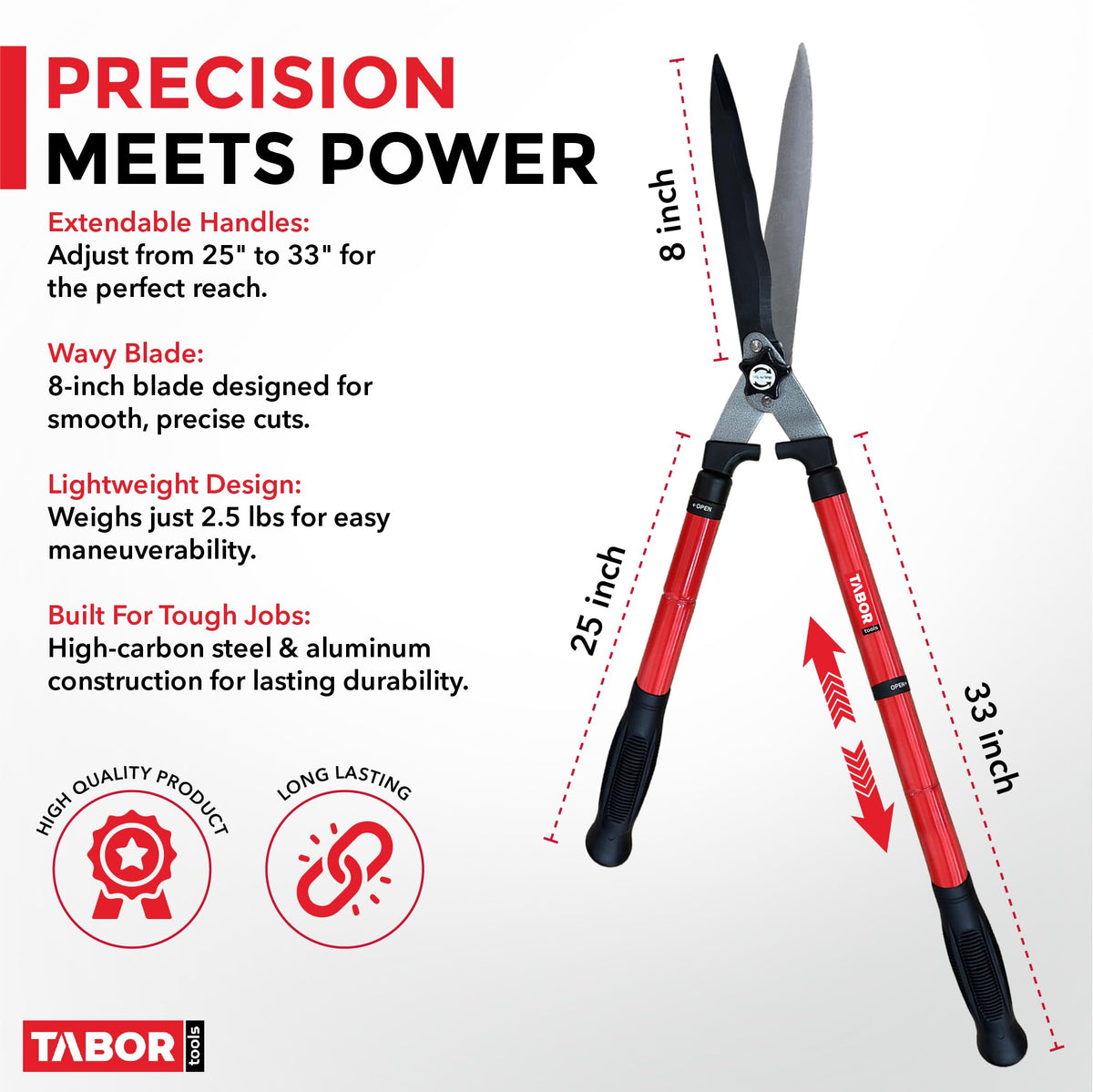 TABOR TOOLS B212A hedge shears extended length for reaching tall hedges safely