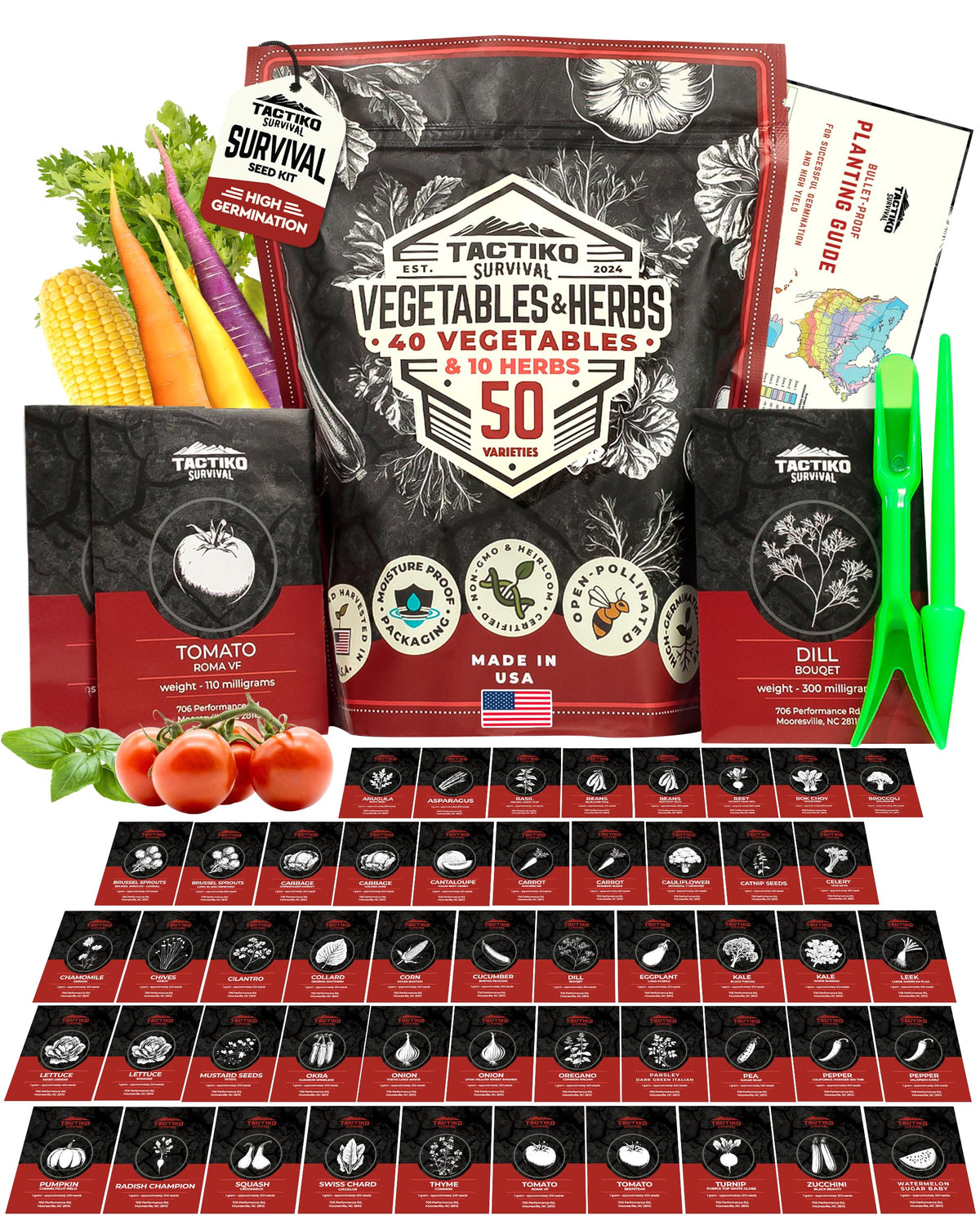 Tactiko Survival 50-seed-kit varieties closeup for year-round home gardening.