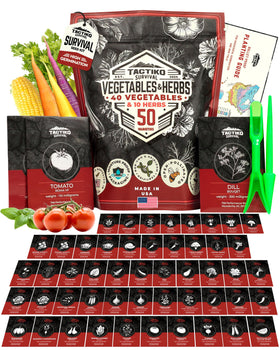 Tactiko Survival 50-seed-kit varieties closeup for year-round home gardening.