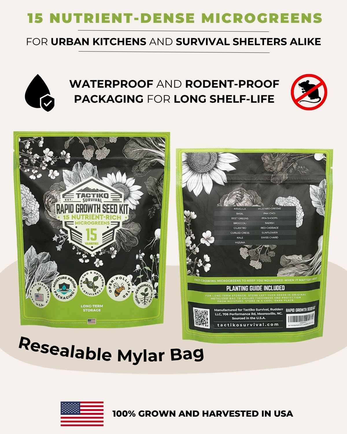 Tactiko Survival waterproof Mylar seed pouch protects seeds from moisture.
