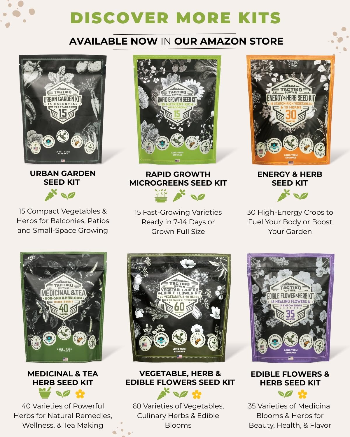 Tactiko Survival waterproof bag keeps seeds protected on shelves or in kits.