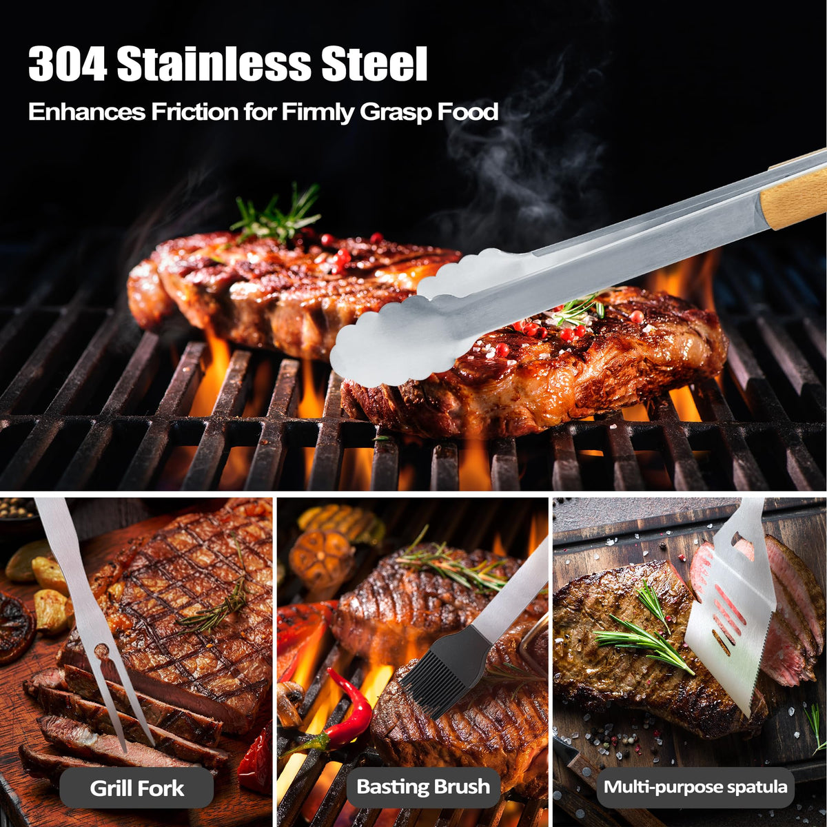 Taesun multi-purpose spatula and tongs show versatile grilling for home or on-the-go settings.