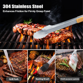 Taesun multi-purpose spatula and tongs show versatile grilling for home or on-the-go settings.