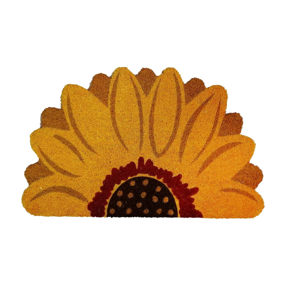 Tag sunflower-shaped coir doormat greets guests with welcoming charm and dirt-trapping power.