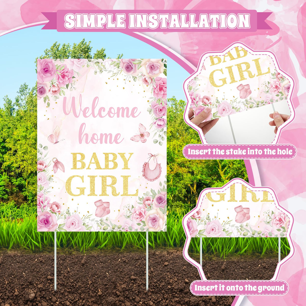 TagreSpike pink floral yard sign for gender reveal with sturdy stakes and clear message.