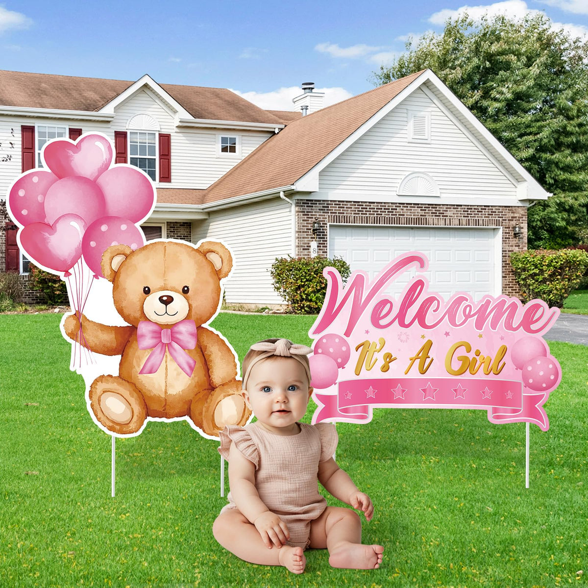 TagreSpike large pink bear yard sign draws attention in the yard.