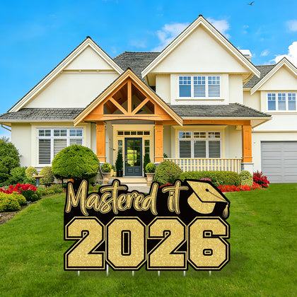 TagreSpike Mastered It 2026 Yard Sign with cap and gown for striking graduation photos