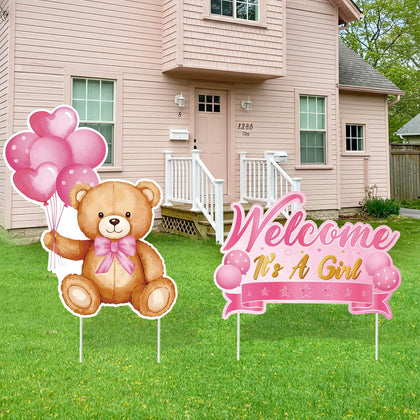TagreSpike pink bear yard sign with stakes for outdoor gender reveal decor.