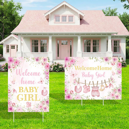 TagreSpike welcome home baby girl yard sign with pink flowers and butterflies for outdoor decor.