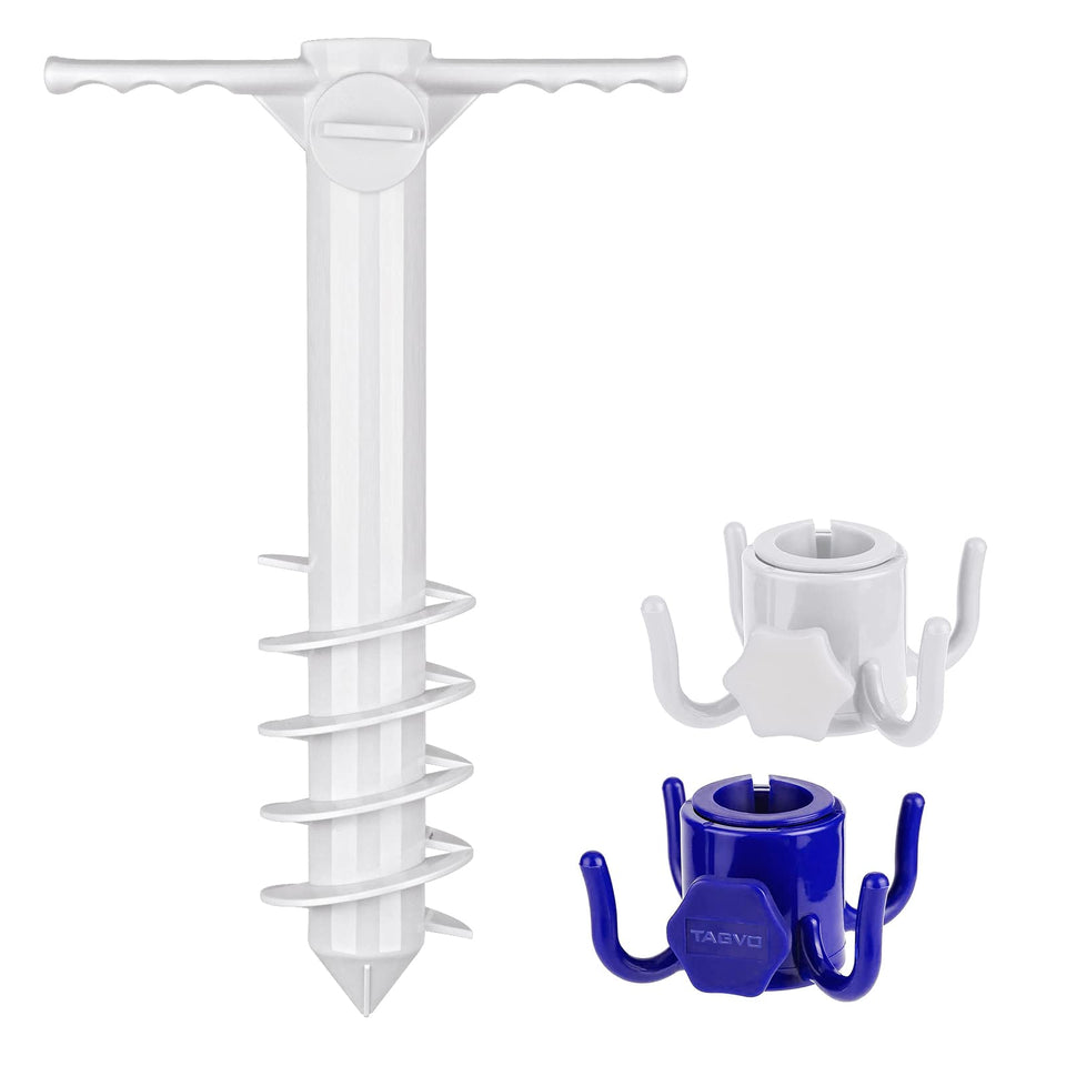 TAGVO beach umbrella sand anchor with five spirals secured in sand provides stable shade.